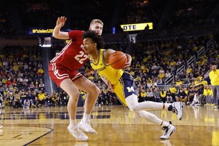 Feb 26, 2023; Ann Arbor, Michigan, USA;  Michigan Wolverines guard Kobe Bufkin (2) dribbles on Wisconsin Badgers forward Steven Crowl (22) in the first half at Crisler Center. Mandatory Credit: Rick Osentoski-USA TODAY Sports