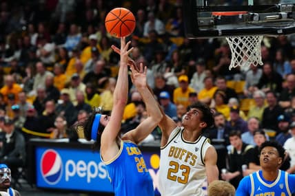 Feb 26, 2023; Boulder, Colorado, USA; UCLA Bruins guard Jaime Jaquez Jr. (24) shoots the ball over Colorado Buffaloes forward Tristan da Silva (23) in the first half at the CU Events Center. Mandatory Credit: Ron Chenoy-USA TODAY Sports