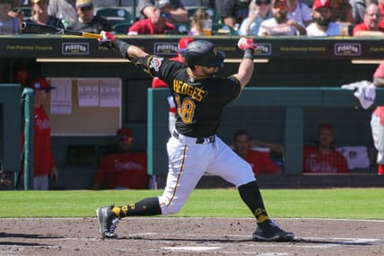 Feb 27, 2023; Bradenton, Florida, USA; Pittsburgh Pirates catcher Austin Hedges (18) bats against the Philadelphia Phillies during the third inning against the Philadelphia Phillies at LECOM Park. Mandatory Credit: Mike Watters-USA TODAY Sports