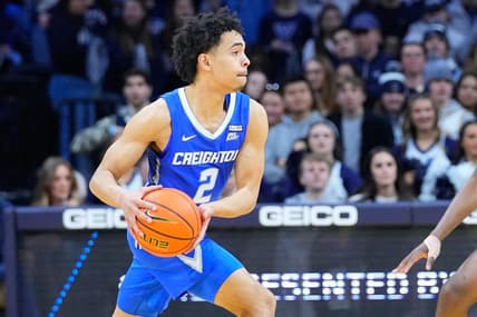 Feb 25, 2023; Philadelphia, Pennsylvania, USA; Creighton Bluejays guard Ryan Nembhard (2) against the Villanova Wildcats during the second half at Wells Fargo Center. Mandatory Credit: Gregory Fisher-USA TODAY Sports
