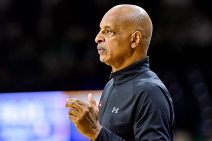 Nov 13, 2021; South Bend, Indiana, USA; Cal State Northridge Matadors interim head coach Trent Johnson watches from the bench in the first half against the Notre Dame Fighting Irish at the Purcell Pavilion. Mandatory Credit: Matt Cashore-USA TODAY Sports