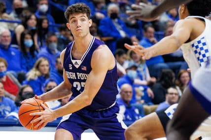 Dec 31, 2021; Lexington, Kentucky, USA; High Point Panthers forward Rob Peterson III (22) handles the ball during the first half against the Kentucky Wildcats at Rupp Arena at Central Bank Center. Mandatory Credit: Jordan Prather-USA TODAY Sports