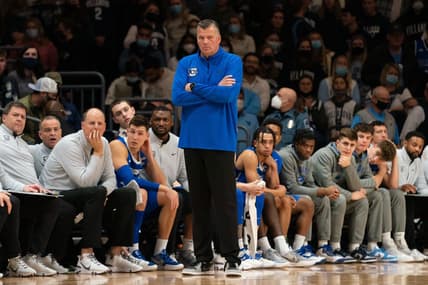 Jan 5, 2022; Villanova, Pennsylvania, USA; Creighton Bluejays head coach Greg McDermott looks on during the second half against the Villanova Wildcats at William B. Finneran Pavilion. Mandatory Credit: Bill Streicher-USA TODAY Sports