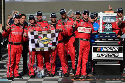 Mar 13, 2022; Avondale, Arizona, USA; NASCAR Cup Series driver Chase Briscoe (14) celebrates his victory of the Ruoff Mortgage 500 at Phoenix Raceway. Mandatory Credit: Gary A. Vasquez-USA TODAY Sports