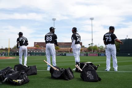 Mar 19, 2022; Phoenix, Arizona, USA; Chicago White Sox shortstop Tim Anderson (7) and Chicago White Sox outfielder Luis Rober (88) and Chicago White Sox left fielder Eloy Jiminez (74) and Chicago White Sox first baseman Jose Abreu (79) look on prior to a spring training game against the Cleveland Guardians at Camelback Ranch-Glendale. Mandatory Credit: Joe Camporeale-USA TODAY Sports