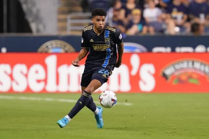 Jul 8, 2022; Chester, Pennsylvania, USA; Philadelphia Union defender Nathan Harriel (26) controls the ball against D.C. United at Subaru Park. Mandatory Credit: Mitchell Leff-USA TODAY Sports