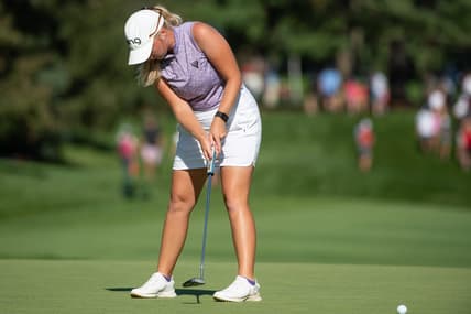Aug 27, 2022; Ottawa, Ontario, CAN; Maddie Szeryk from Canada plays the ball on the green of the 18th hole during the third round of the CP Women's Open golf tournament. Mandatory Credit: Marc DesRosiers-USA TODAY Sports