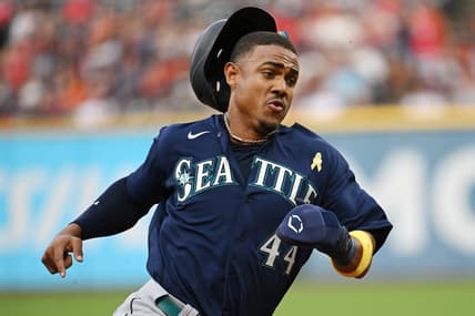 Sep 2, 2022; Cleveland, Ohio, USA; Seattle Mariners center fielder Julio Rodriguez (44) rounds third base en route to scoring during the first inning against the Cleveland Guardians at Progressive Field. Mandatory Credit: Ken Blaze-USA TODAY Sports