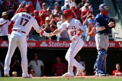 POWERED COUPLE: Angels center fielder Mike Trout (27) and designated hitter Shohei Ohtani (17) after hitting a home run during the fourth inning against the Texas Rangers at Angel Stadium. Mandatory Credit: Kiyoshi Mio-USA TODAY Sports