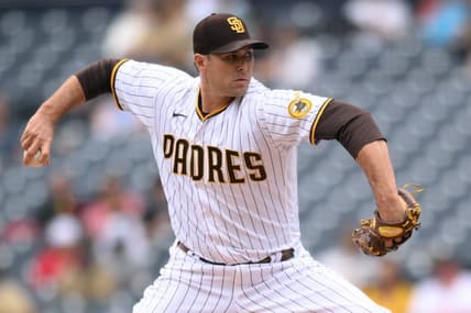 Oct 5, 2022; San Diego, California, USA; San Diego Padres starting pitcher Craig Stammen (34) throws a pitch against the San Francisco Giants during the first inning at Petco Park. Mandatory Credit: Orlando Ramirez-USA TODAY Sports