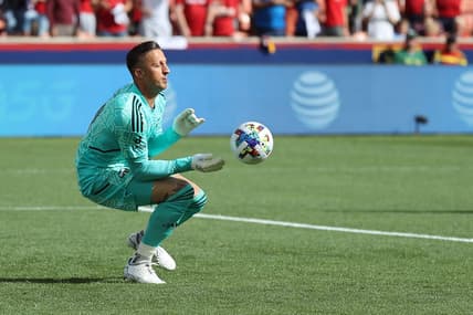 Oct 9, 2022; Sandy, Utah, USA; Portland Timbers goalkeeper Aljaz Ivacic (31) blocks a shot in the first half against Real Salt Lake at America First Field. Mandatory Credit: Rob Gray-USA TODAY Sports