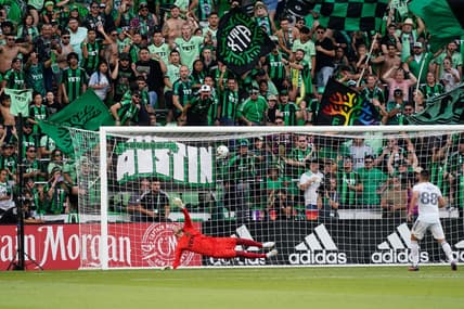 Oct 16, 2022; Austin, Texas, US; Real Salt Lake midfielder Braian Ojeda (88) shoots against Austin FC goalkeeper Brad Stuver (41) during a shootout in overtime at Q2 Stadium. Mandatory Credit: Scott Wachter-USA TODAY Sports