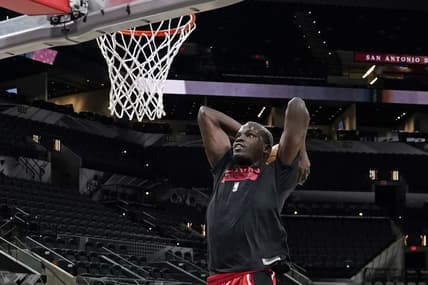Dec 14, 2022; San Antonio, Texas, USA; Portland Trail Blazers center Ibou Badji (41) warms up before the game against the San Antonio Spurs at AT&T Center. Mandatory Credit: Scott Wachter-USA TODAY Sports