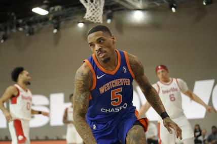 Dec 20, 2022; Las Vegas, NV, USA; Westchester Knicks guard/forward DaQuan Jeffries (5) reacts after dunking the ball against the Memphis Hustle during the second half at Mandalay Bay Convention Center. Mandatory Credit: Lucas Peltier-USA TODAY Sports