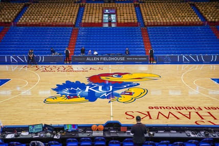 Dec 31, 2022; Lawrence, Kansas, USA; A general view of the center court logo prior to a game between the Kansas Jayhawks and Oklahoma State Cowboys at Allen Fieldhouse. Mandatory Credit: Denny Medley-USA TODAY Sports
