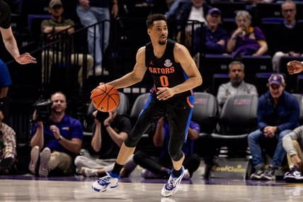 Jan 10, 2023; Baton Rouge, Louisiana, USA;  Florida Gators guard Myreon Jones (0) brings the ball up court against the LSU Tigers during the second half at Pete Maravich Assembly Center. Mandatory Credit: Stephen Lew-USA TODAY Sports