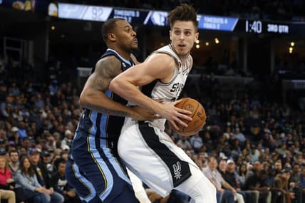 Jan 11, 2023; Memphis, Tennessee, USA; San Antonio Spurs forward Zach Collins (23) spins toward the basket as Memphis Grizzlies forward Xavier Tillman (2) defends during the second half at FedExForum. Mandatory Credit: Petre Thomas-USA TODAY Sports