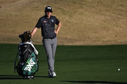Jan 21, 2023; La Quinta, California, USA; Nico Echavarria looks on from the ninth fairway during the third round of The American Express golf tournament at Pete Dye Stadium Course. Mandatory Credit: Orlando Ramirez-USA TODAY Sports