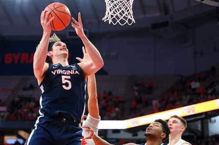 Jan 30, 2023; Syracuse, New York, USA; Virginia Cavaliers forward Ben Vander Plas (5) drives for a shot against the Syracuse Orange during the second half at the JMA Wireless Dome. Mandatory Credit: Rich Barnes-USA TODAY Sports
