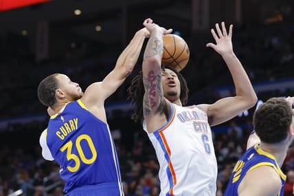 Jan 30, 2023; Oklahoma City, Oklahoma, USA; Golden State Warriors guard Stephen Curry (30) strips the ball away from Oklahoma City Thunder forward Jaylin Williams (6) during the second half at Paycom Center. Mandatory Credit: Alonzo Adams-USA TODAY Sports