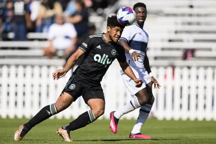 Feb 4, 2023; Indio, CA, USA; Charlotte FC Jaylin Lindsey (24) heads the ball away from Vancouver Whitecaps FC Cristian Dajome (11) at Empire Polo Club. Mandatory Credit: Kelvin Kuo-USA TODAY Sports