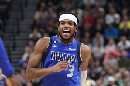 Feb 6, 2023; Salt Lake City, Utah, USA; Dallas Mavericks guard Jaden Hardy (3) reacts to a play against the Utah Jazz in the fourth quarter at Vivint Arena. Mandatory Credit: Rob Gray-USA TODAY Sports