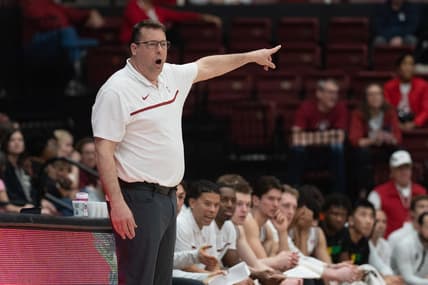 Feb 9, 2023; Stanford, California, USA;  Stanford Cardinal head coach Jerod Haase reacts during the second half against the Arizona State Sun Devils at Maples Pavilion. Mandatory Credit: Stan Szeto-USA TODAY Sports