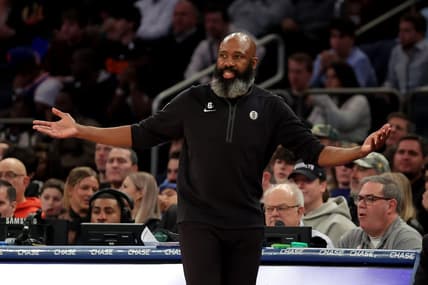 Feb 13, 2023; New York, New York, USA; Brooklyn Nets head coach Jacque Vaughn reacts during the third quarter against the New York Knicks at Madison Square Garden. Mandatory Credit: Brad Penner-USA TODAY Sports