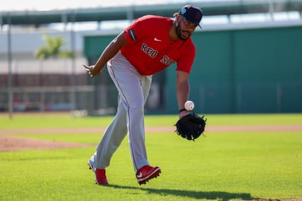 Feb 15, 2023; Fort Myers, FL, USA;  Boston Red Sox relief pitcher Kenley Jansen (74) participates in spring training workouts at Fenway South Player Development Complex. Mandatory Credit: Nathan Ray Seebeck-USA TODAY Sports