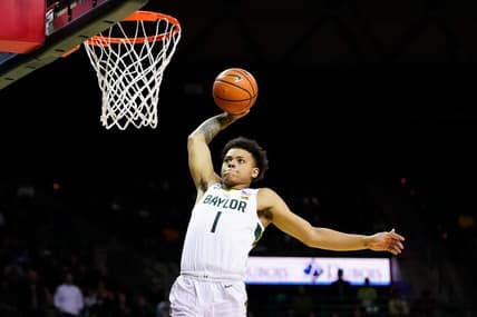 Feb 13, 2023; Waco, Texas, USA; Baylor Bears guard Keyonte George (1) against the West Virginia Mountaineers during the second half at Ferrell Center. Mandatory Credit: Raymond Carlin III-USA TODAY Sports