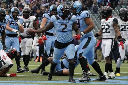 Feb 18, 2023; Arlington, TX, USA; Arlington Renegades running back De'Veon Smith (2) reacts after a successful two-point conversation during the second half at Choctaw Stadium. Mandatory Credit: Raymond Carlin III-USA TODAY Sports
