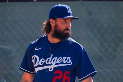 Feb 20, 2023; Glendale, AZ, USA; Los Angeles Dodgers pitcher Tony Gonsolin (26) warms up in the bullpen for a spring training workout at Camelback Ranch. Mandatory Credit: Allan Henry-USA TODAY Sports