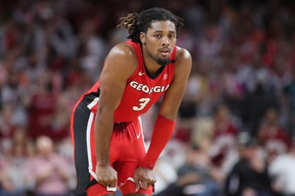 Feb 21, 2023; Fayetteville, Arkansas, USA; Georgia Bulldogs guard Kario Oquendo (3) during the second half against the Arkansas Razorbacks at Bud Walton Arena. Mandatory Credit: Nelson Chenault-USA TODAY Sports