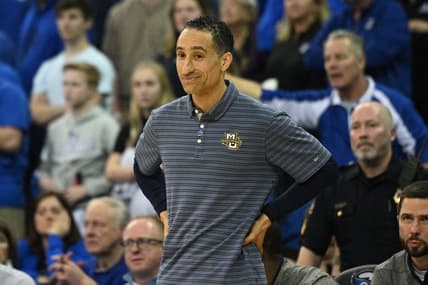 Feb 21, 2023; Omaha, Nebraska, USA;  Marquette Golden Eagles head coach Shaka Smart against the Creighton Bluejays in the second half at CHI Health Center Omaha. Mandatory Credit: Steven Branscombe-USA TODAY Sports
