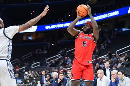 Feb 22, 2023; Washington, District of Columbia, USA; St. John's Red Storm guard Dylan Addae-Wusu (5) attempts a shot against the Georgetown Hoyas during the first half at Capital One Arena. Mandatory Credit: Brad Mills-USA TODAY Sports