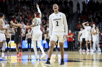 Feb 22, 2023; Cincinnati, Ohio, USA;  Cincinnati Bearcats guard Landers Nolley II (2) reacts after making a basket in the game against the Temple Owls in overtime at Fifth Third Arena. Mandatory Credit: Aaron Doster-USA TODAY Sports