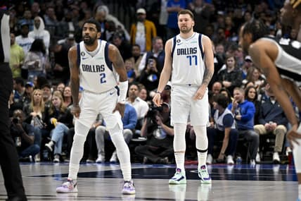 Feb 23, 2023; Dallas, Texas, USA; Dallas Mavericks guard Kyrie Irving (2) and guard Luka Doncic (77) prepare to face the San Antonio Spurs at the American Airlines Center. Mandatory Credit: Jerome Miron-USA TODAY Sports