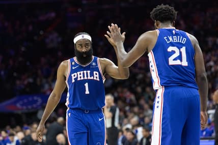 Feb 23, 2023; Philadelphia, Pennsylvania, USA; Philadelphia 76ers guard James Harden (1) and center Joel Embiid (21) high five after a score against the Memphis Grizzlies during the fourth quarter at Wells Fargo Center. Mandatory Credit: Bill Streicher-USA TODAY Sports