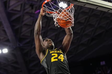 Feb 25, 2023; Athens, Georgia, USA; Missouri Tigers guard Kobe Brown (24) dunks against the Georgia Bulldogs during the first half at Stegeman Coliseum. Mandatory Credit: Dale Zanine-USA TODAY Sports