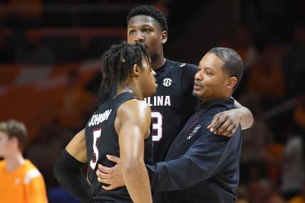 South Carolina Head Coach Lamont Paris hugs South Carolina guard Meechie Johnson (5) and South Carolina forward Gregory "GG" Jackson II (23) during an NCAA college basketball game between the South Carolina Game Cocks and the Tennessee Volunteers in Thompson-Boling Arena in Knoxville, Saturday Feb. 25, 2023. Tennessee defeated South Carolina 85-45.

Volssc0225 1592