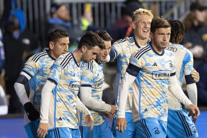 Feb 25, 2023; Philadelphia, Pennsylvania, USA; Philadelphia Union midfielder Daniel Gazdag (10) celebrates with teammates after scoring against Columbus Crew SC on a penalty kick during the first half at Subaru Park. Mandatory Credit: Bill Streicher-USA TODAY Sports