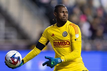 Feb 25, 2023; Philadelphia, Pennsylvania, USA; Philadelphia Union goalkeeper Andre Blake (18) throws the ball against Columbus Crew SC during the second half at Subaru Park. Mandatory Credit: Bill Streicher-USA TODAY Sports
