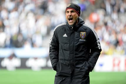 Feb 25, 2023; Vancouver, British Columbia, CAN; Real Salt Lake head coach Pablo Mastroeni reacts after a play against the Vancouver Whitecaps FC during the first half at BC Place. Mandatory Credit: Anne-Marie Sorvin-USA TODAY Sports