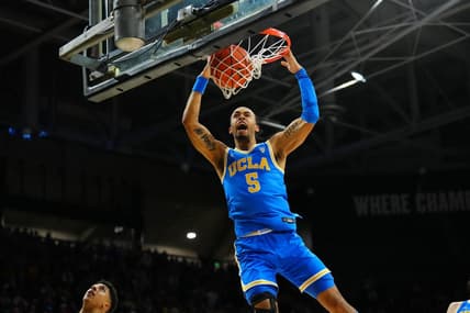 Feb 26, 2023; Boulder, Colorado, USA; UCLA Bruins guard Amari Bailey (5) finishes off a basket in the second half against the Colorado Buffaloes at the CU Events Center. Mandatory Credit: Ron Chenoy-USA TODAY Sports