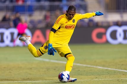 Feb 25, 2023; Philadelphia, Pennsylvania, USA; Philadelphia Union goalkeeper Andre Blake (18) kicks the ball against Columbus Crew SC during the second half at Subaru Park. Mandatory Credit: Bill Streicher-USA TODAY Sports