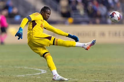 Feb 25, 2023; Philadelphia, Pennsylvania, USA; Philadelphia Union goalkeeper Andre Blake (18) kicks the ball against Columbus Crew SC during the second half at Subaru Park. Mandatory Credit: Bill Streicher-USA TODAY Sports