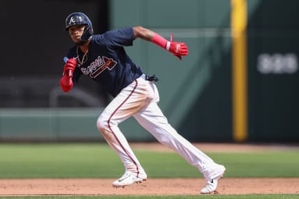 Feb 27, 2023; North Port, Florida, USA;  Atlanta Braves second baseman Orlando Arcia (11) on base against the Toronto Blue Jays in the fifth inning during spring training at CoolToday Park. Mandatory Credit: Nathan Ray Seebeck-USA TODAY Sports
