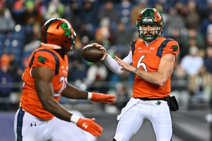 Feb 23, 2023; Seattle, WA, USA; Seattle Sea Dragons quarterback Ben DiNucci (6) and Seattle Sea Dragons running back Morgan Ellison (25) during the second half at Lumen Field. St. Louis defeated Seattle 20-18. Mandatory Credit: Steven Bisig-USA TODAY Sports