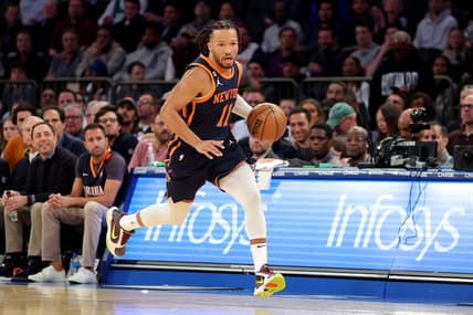 Feb 27, 2023; New York, New York, USA; New York Knicks guard Jalen Brunson (11) brings the ball up court against the Boston Celtics during the third quarter at Madison Square Garden. Mandatory Credit: Brad Penner-USA TODAY Sports