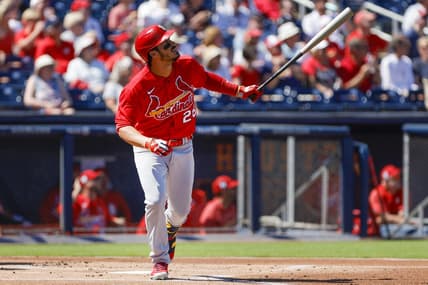 Feb 28, 2023; West Palm Beach, Florida, USA; St. Louis Cardinals third baseman Nolan Arenado (28) hits a home run during the first inning against the Washington Nationals at The Ballpark of the Palm Beaches. Mandatory Credit: Sam Navarro-USA TODAY Sports